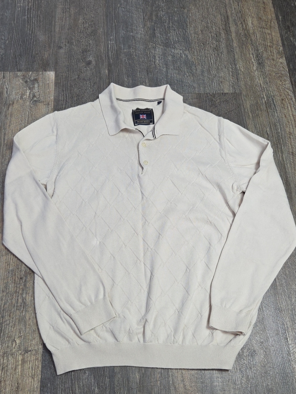 Men's V-Neck Polo Sweater in Cream with Subtle Diamond Texture